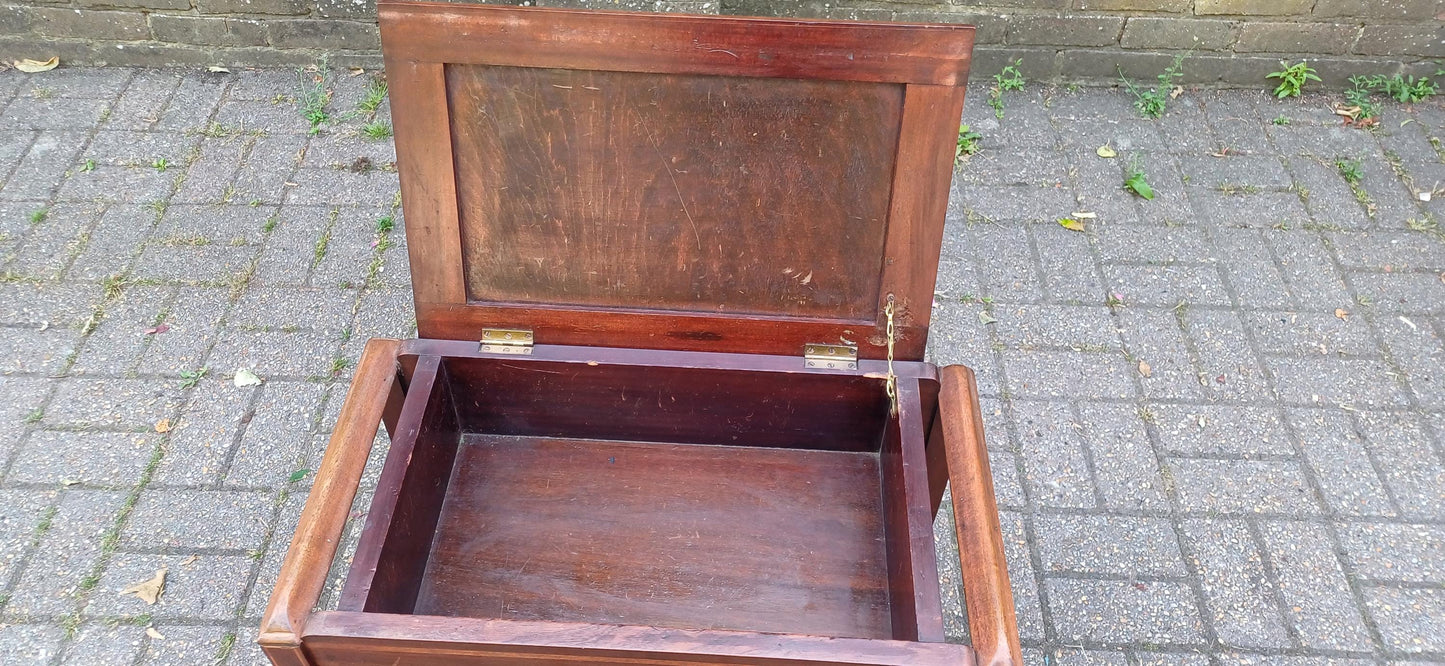 Antique Edwardian Upholstered Mahogany Piano Stool with Lift-Top Storage Box and Vintage Wooden Music Bench Decorative Seat
