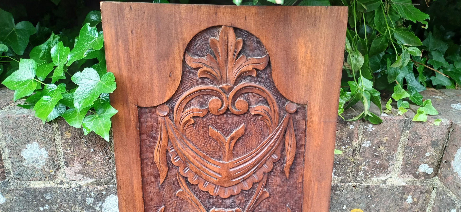 Tall Antique Hand Carved Wood Wall Panel Plaque With Neoclassical Foliate Detailing, Rich Patina, Victorian Country House Charm