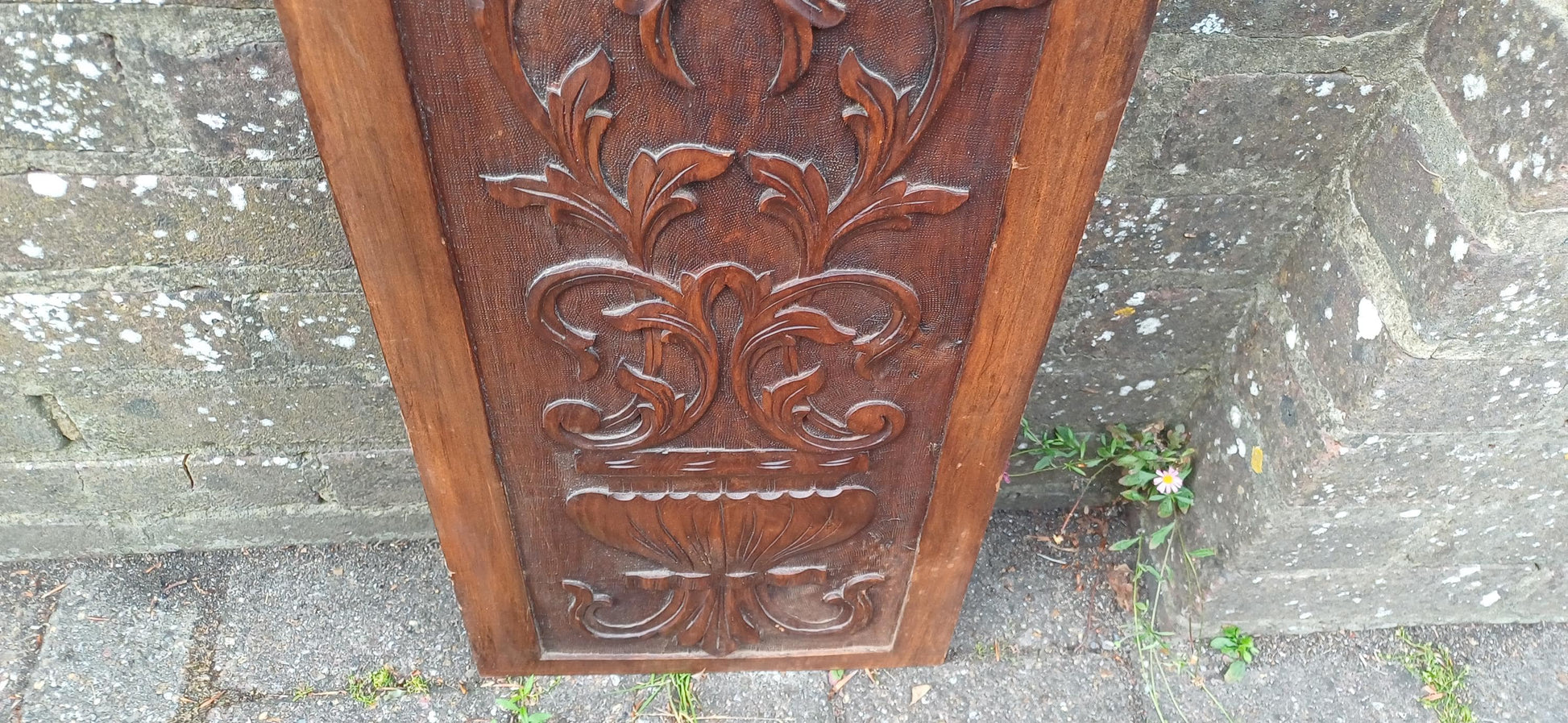 Tall Antique Hand Carved Wood Wall Panel Plaque With Neoclassical Foliate Detailing, Rich Patina, Victorian Country House Charm