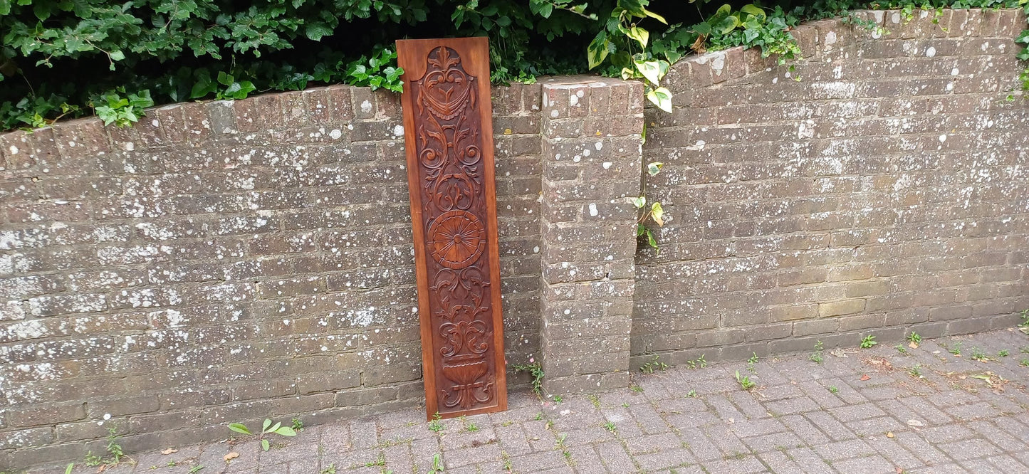 Tall Antique Hand Carved Wood Wall Panel Plaque With Neoclassical Foliate Detailing, Rich Patina, Victorian Country House Charm