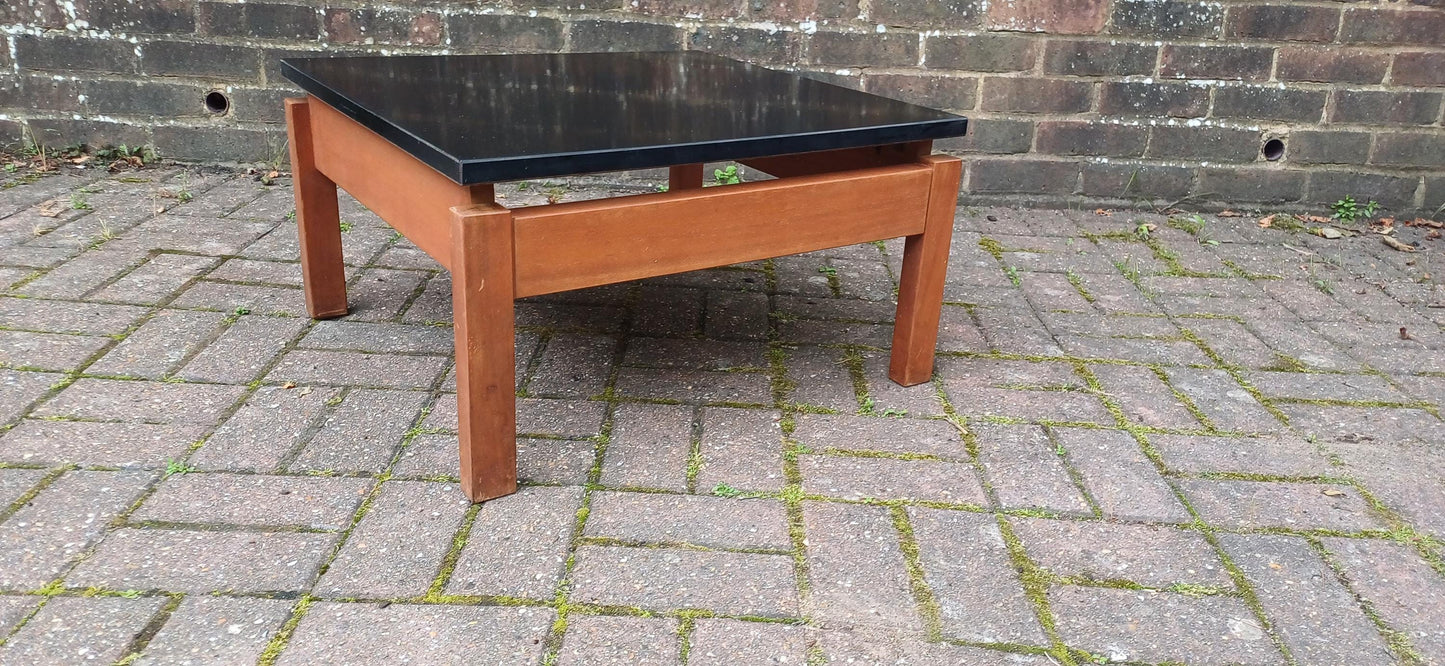 Vintage 1960s Teak & Black Formica Floating Coffee Table – Retro Mid Century Modern Square Table With Suspended Design Solid Frame