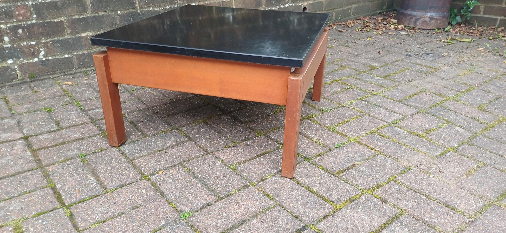 Vintage 1960s Teak & Black Formica Floating Coffee Table – Retro Mid Century Modern Square Table With Suspended Design Solid Frame