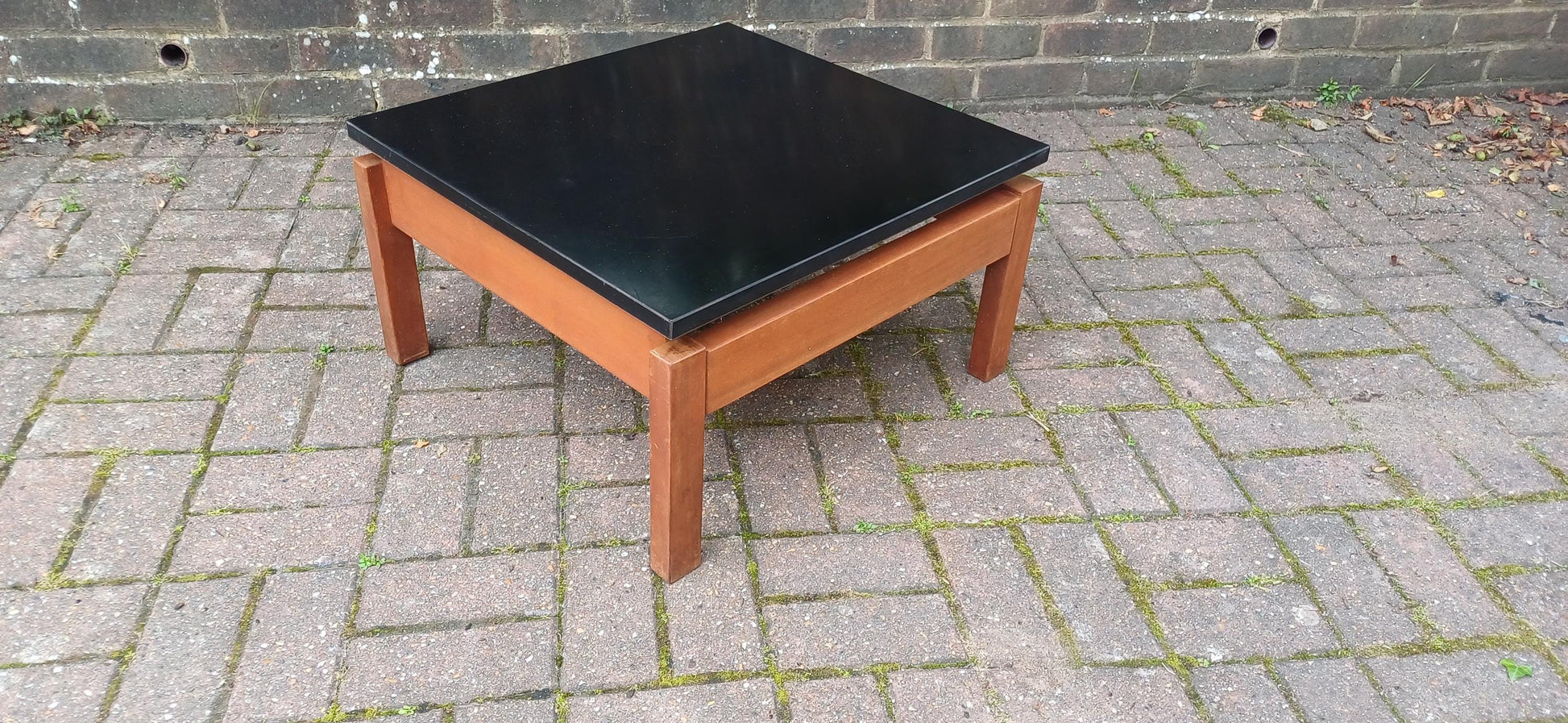 Vintage 1960s Teak & Black Formica Floating Coffee Table – Retro Mid Century Modern Square Table With Suspended Design Solid Frame