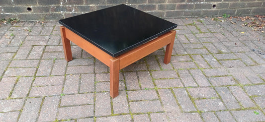 Vintage 1960s Teak & Black Formica Floating Coffee Table – Retro Mid Century Modern Square Table With Suspended Design Solid Frame