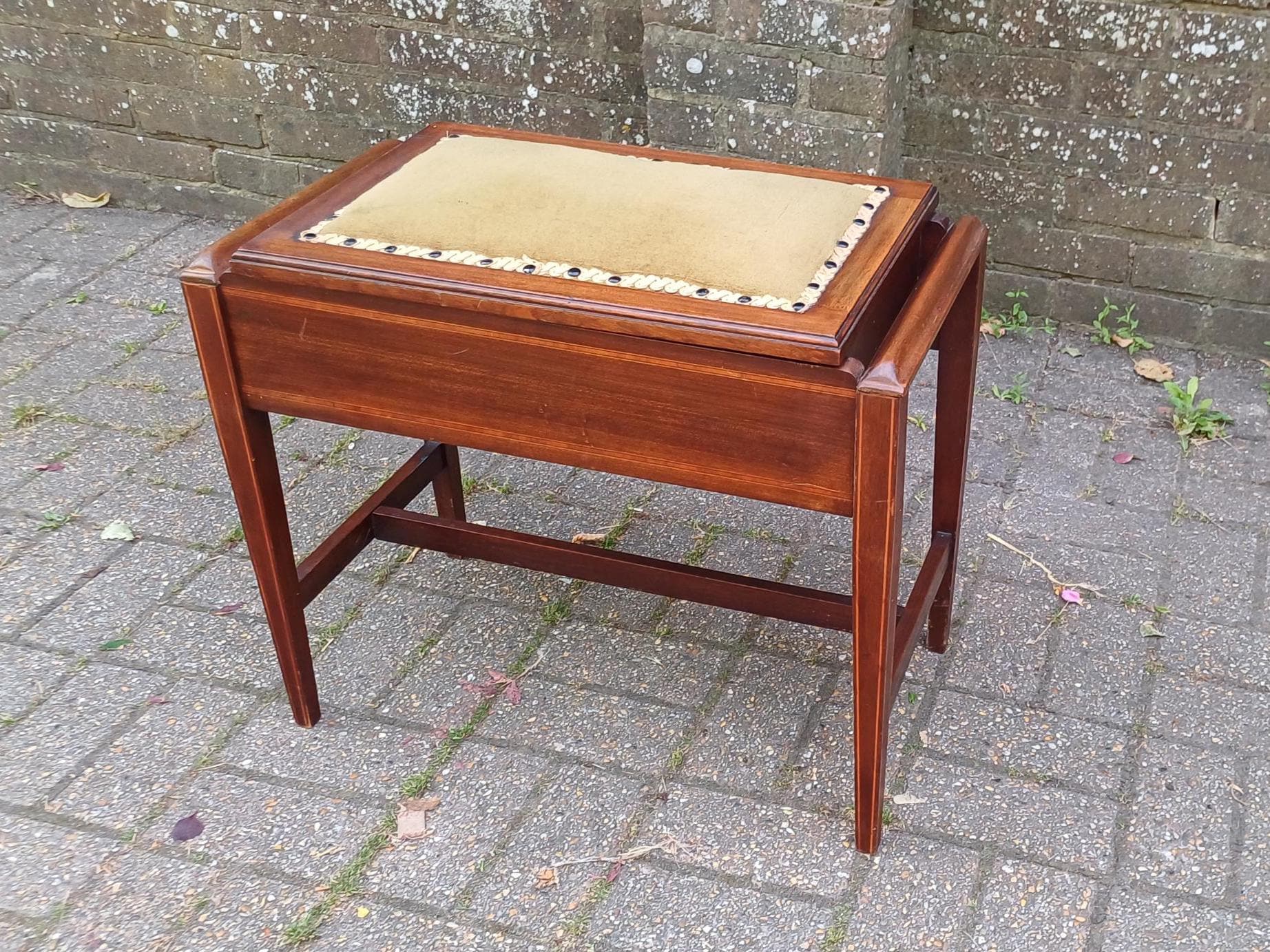 Antique Edwardian Upholstered Mahogany Piano Stool with Lift-Top Storage Box and Vintage Wooden Music Bench Decorative Seat