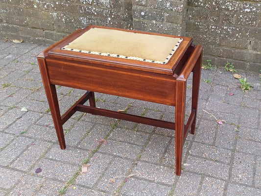 Antique Edwardian Upholstered Mahogany Piano Stool with Lift-Top Storage Box and Vintage Wooden Music Bench Decorative Seat