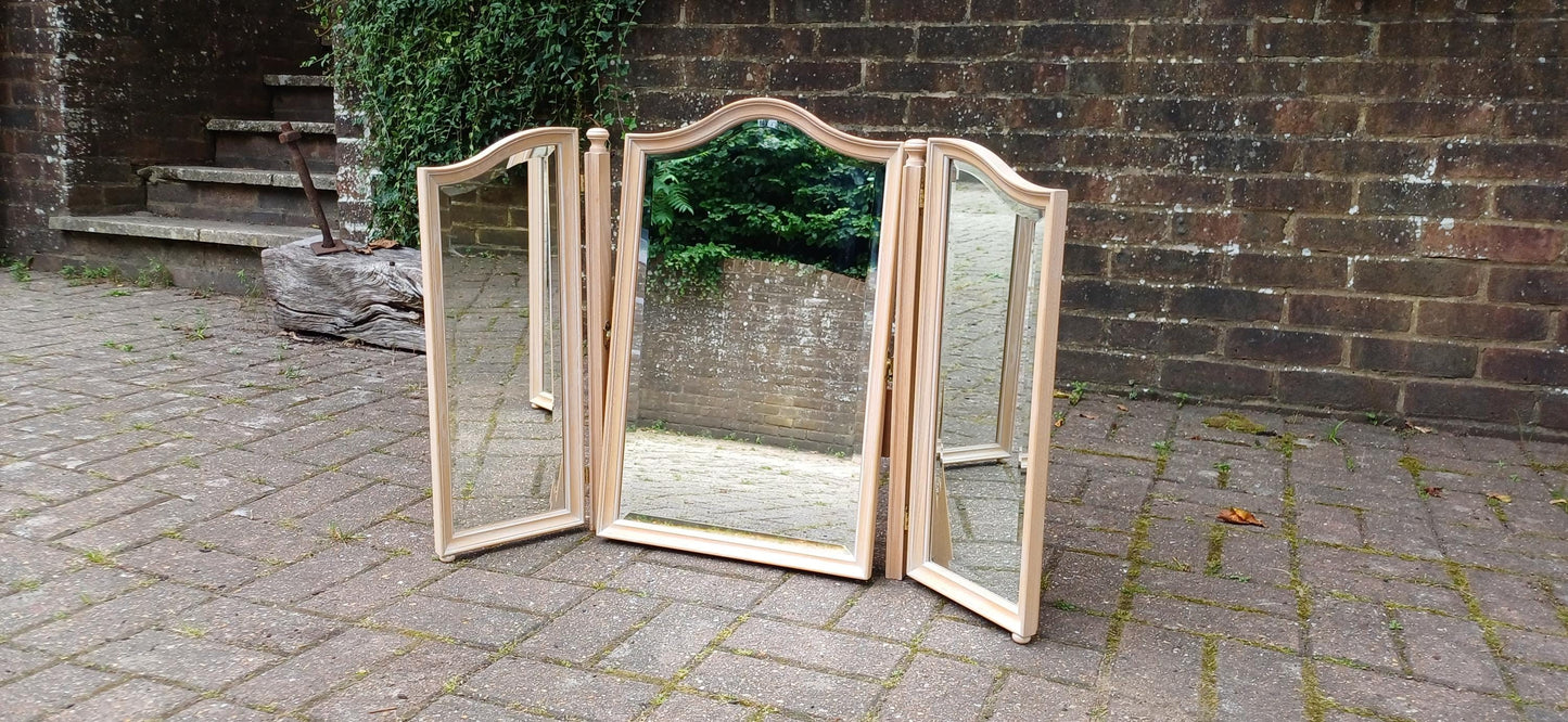 Vintage 1920s Limed Oak Dressing Table Mirror Bevelled Glass, Tilting Centre, Swing Panels, Elegant Vanity Display, Shabby Chic Style