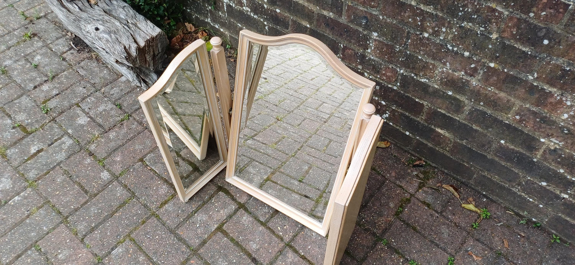 Vintage 1920s Limed Oak Dressing Table Mirror Bevelled Glass, Tilting Centre, Swing Panels, Elegant Vanity Display, Shabby Chic Style
