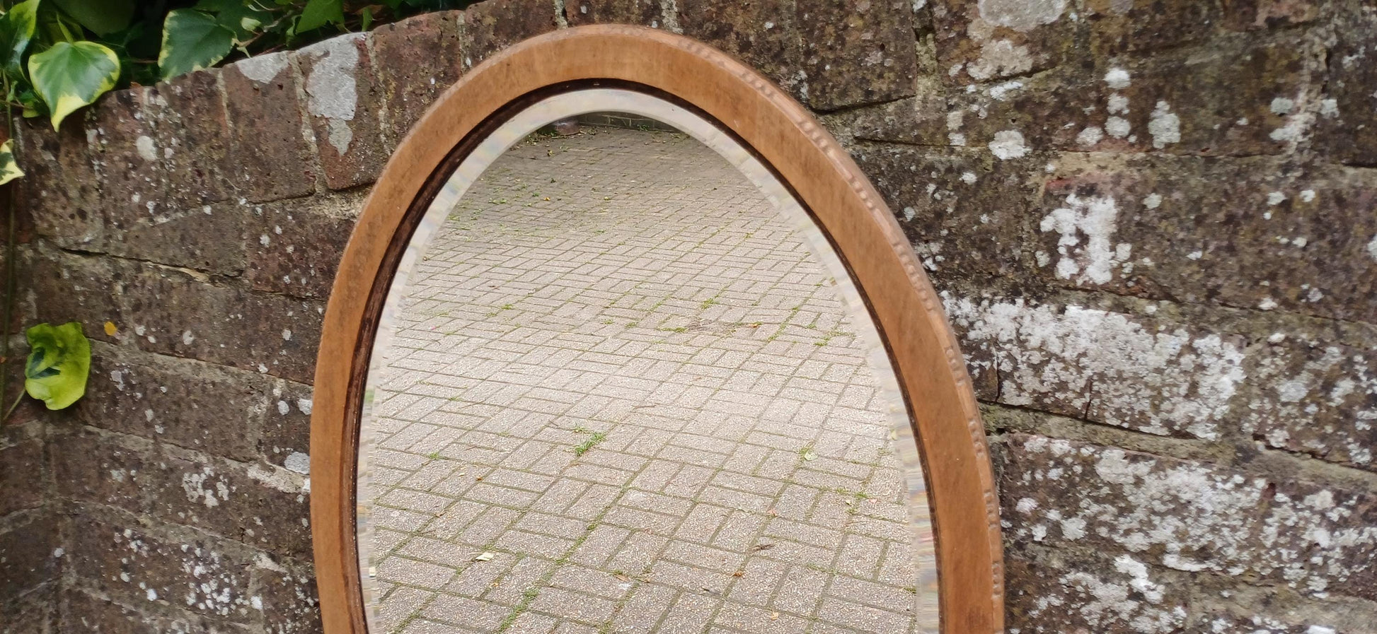 Antique Oval Wall Mirror with Stripped Mahogany Wooden Frame – Rustic Vintage Vanity or Hallway Decor Original Well Preserved Bevelled Glass