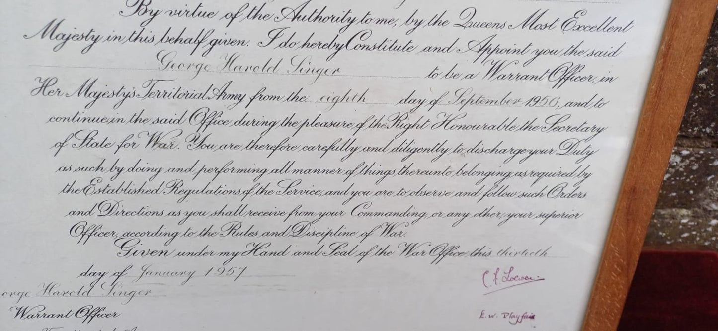 1957 British Army Warrant – George H. Singer Appointment as Territorial Army Officer, Original Military Document, Framed & Embossed