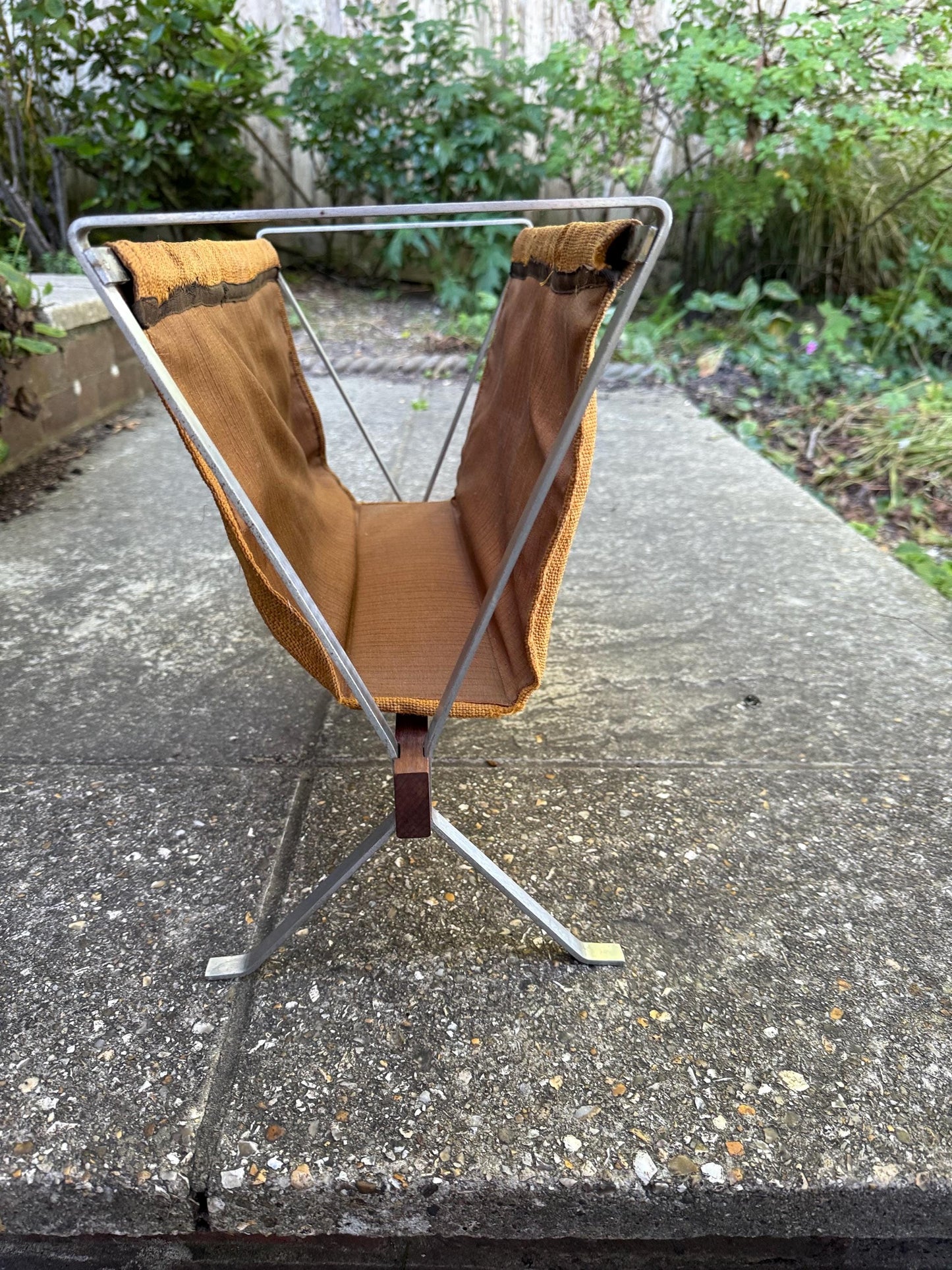 RARE Durlston Designs Mid Century Magazine Rack – 1960s Teak & Aluminium Holder – Modernist British Design – Mustard Canvas Sling