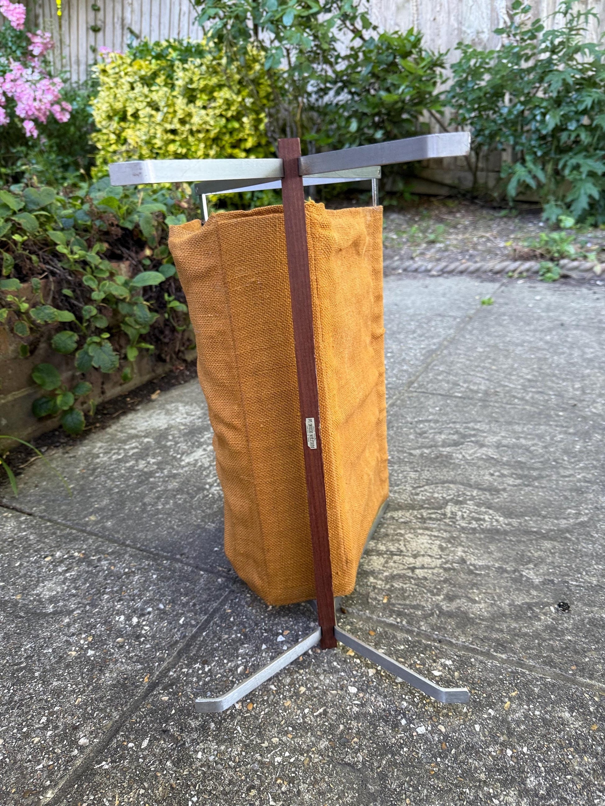 RARE Durlston Designs Mid Century Magazine Rack – 1960s Teak & Aluminium Holder – Modernist British Design – Mustard Canvas Sling
