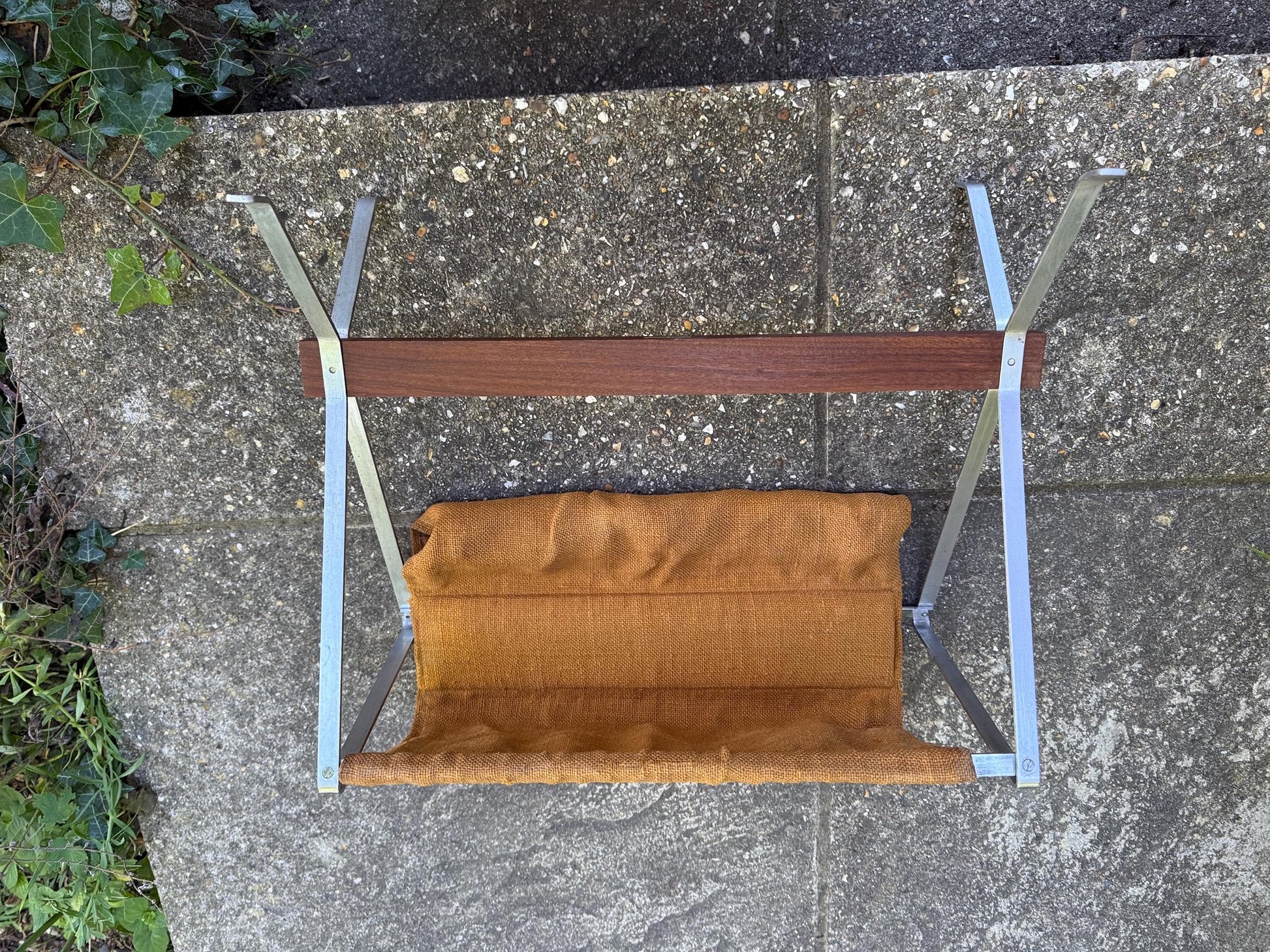 RARE Durlston Designs Mid Century Magazine Rack – 1960s Teak & Aluminium Holder – Modernist British Design – Mustard Canvas Sling