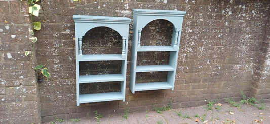 Pair of Vintage Rustic Painted Wall Shelves Distressed Blue Wooden Display Racks Country Cottage Kitchen Storage French Farmhouse Style