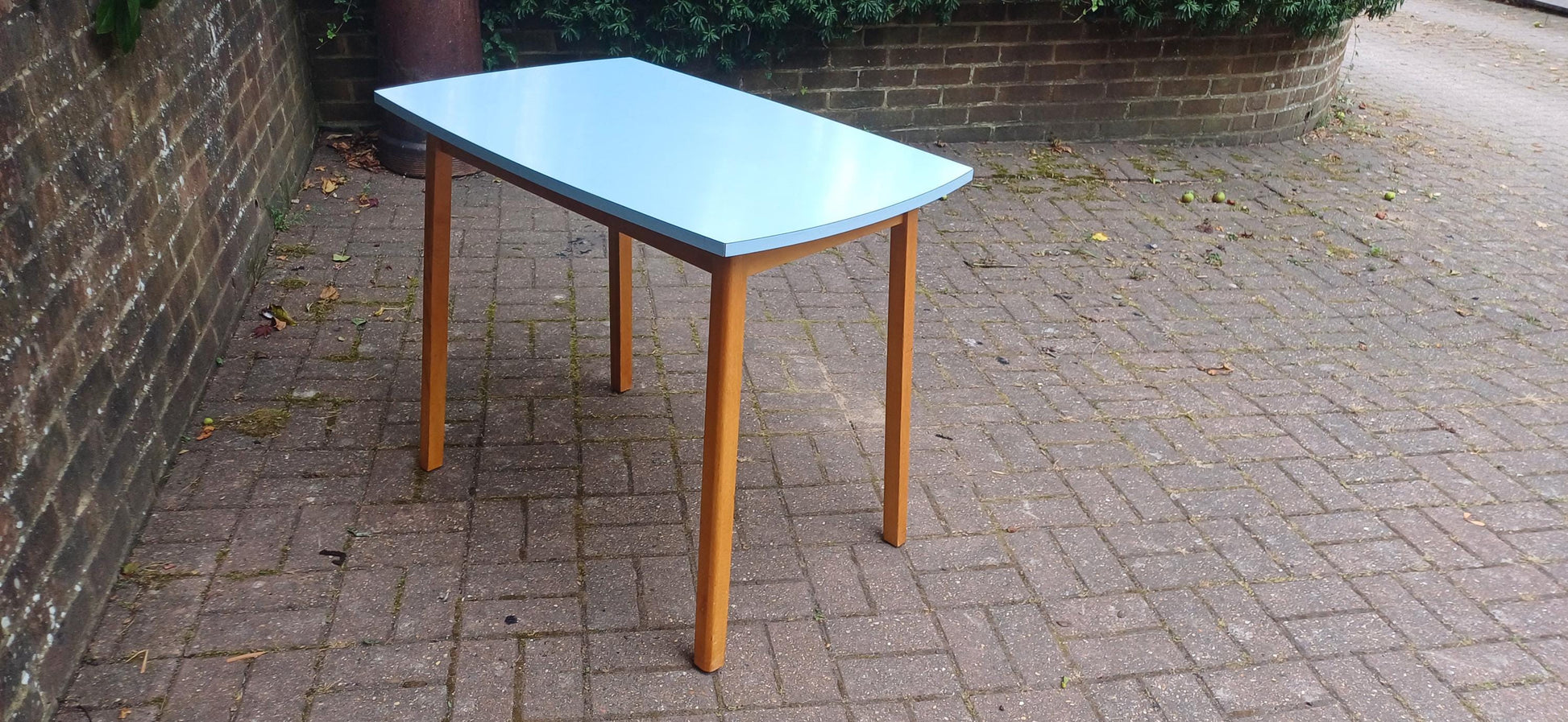 Vintage Mid Century Formica Kitchen Table Blue Retro Dining Table Wooden Legs 1950s 1960s Atomic Era Style Compact Dining Desk