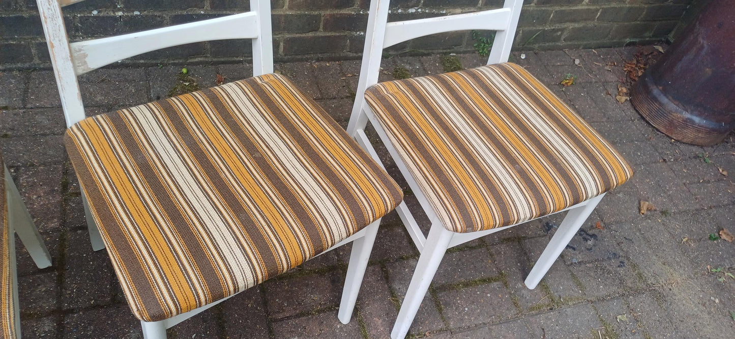 Vintage Retro 70s White Beech Dining Chairs Set of 4 Striped Original Upholstery Kitchen Chairs Made in East Germany GDR FREE HAND Delivery