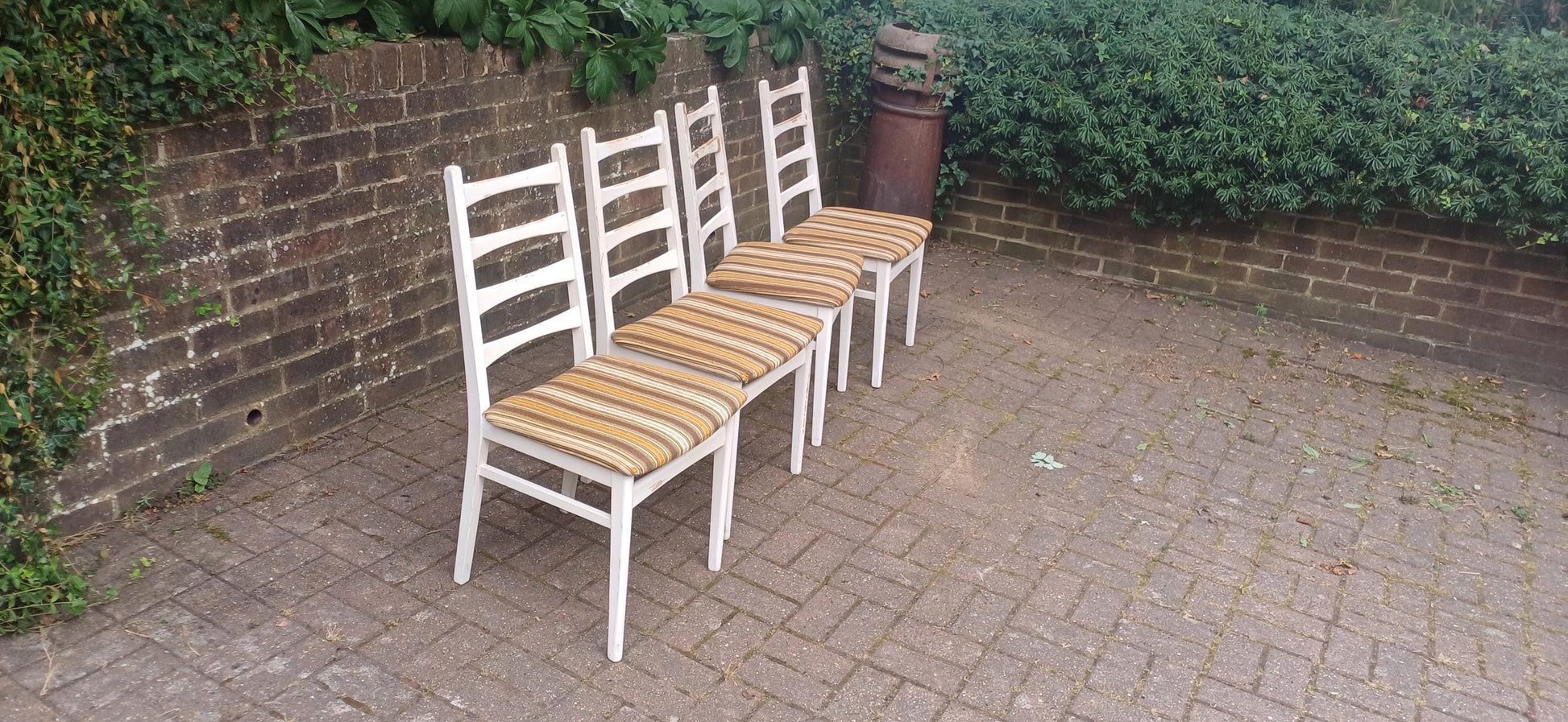 Vintage Retro 70s White Beech Dining Chairs Set of 4 Striped Original Upholstery Kitchen Chairs Made in East Germany GDR FREE HAND Delivery