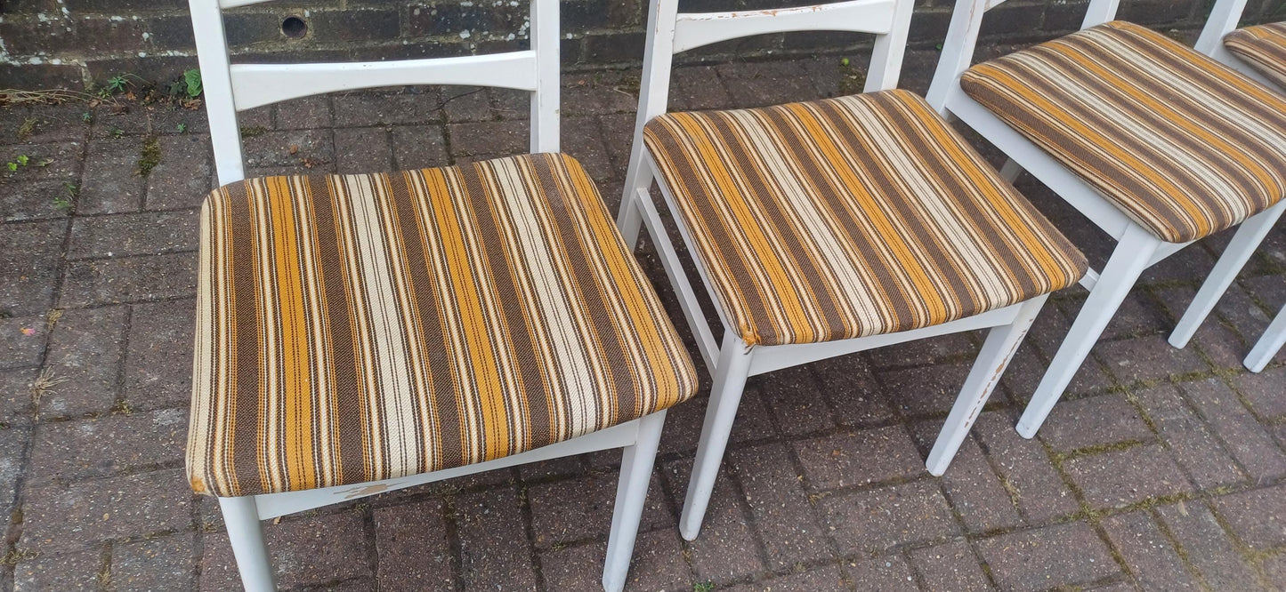 Vintage Retro 70s White Beech Dining Chairs Set of 4 Striped Original Upholstery Kitchen Chairs Made in East Germany GDR FREE HAND Delivery