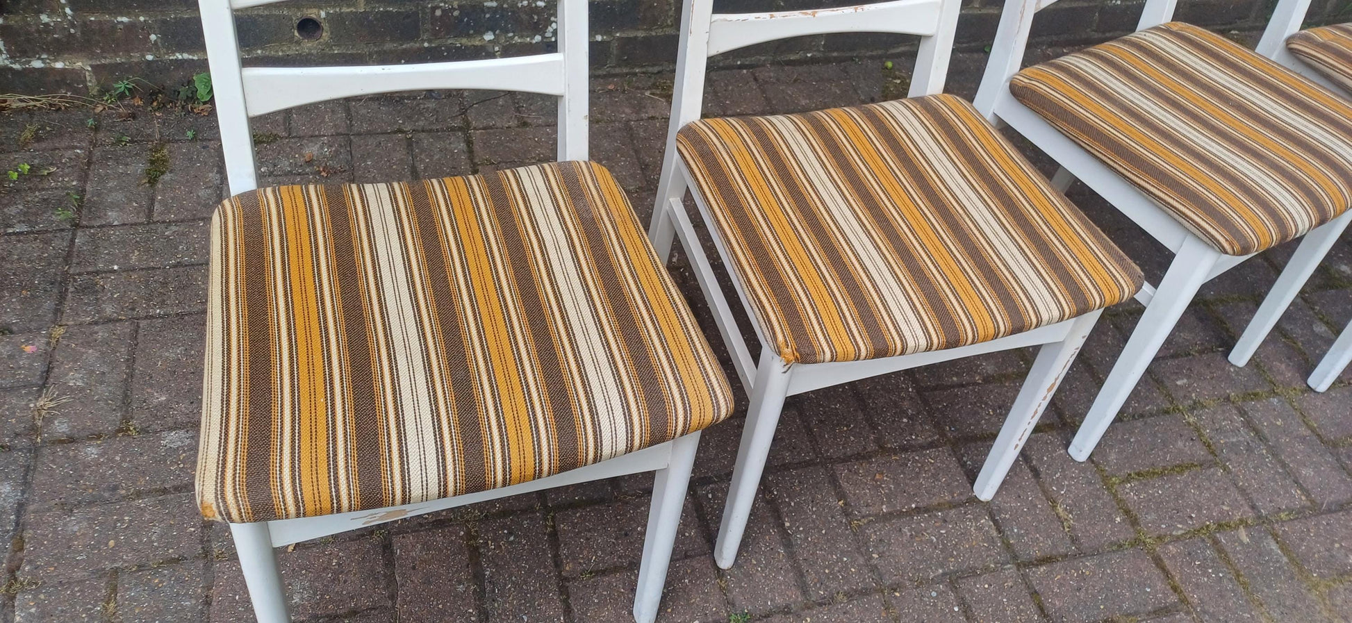 Vintage Retro 70s White Beech Dining Chairs Set of 4 Striped Original Upholstery Kitchen Chairs Made in East Germany GDR FREE HAND Delivery