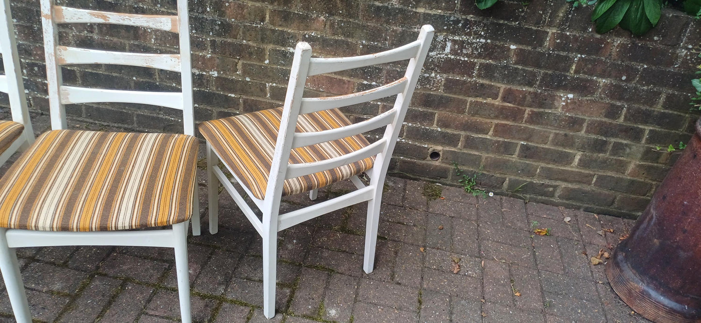 Vintage Retro 70s White Beech Dining Chairs Set of 4 Striped Original Upholstery Kitchen Chairs Made in East Germany GDR FREE HAND Delivery