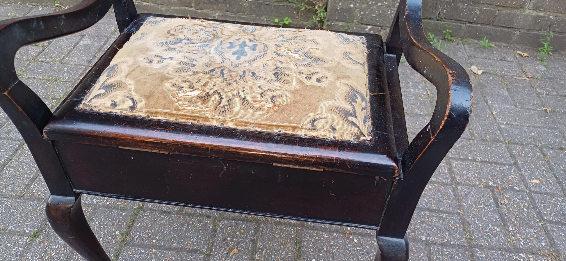 Antique Mahogany Piano Stool with Bohemian Distressed Fabric Top Vintage Storage Seat Quirky Imperfect Tatty Upholstered Bench Shabby Chic