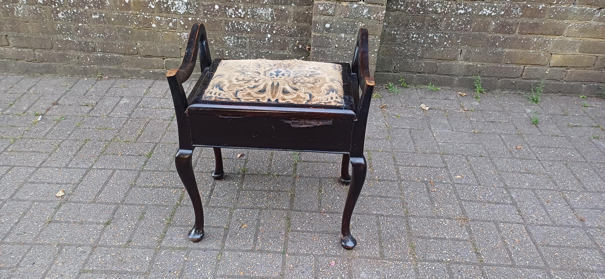 Antique Mahogany Piano Stool with Bohemian Distressed Fabric Top Vintage Storage Seat Quirky Imperfect Tatty Upholstered Bench Shabby Chic