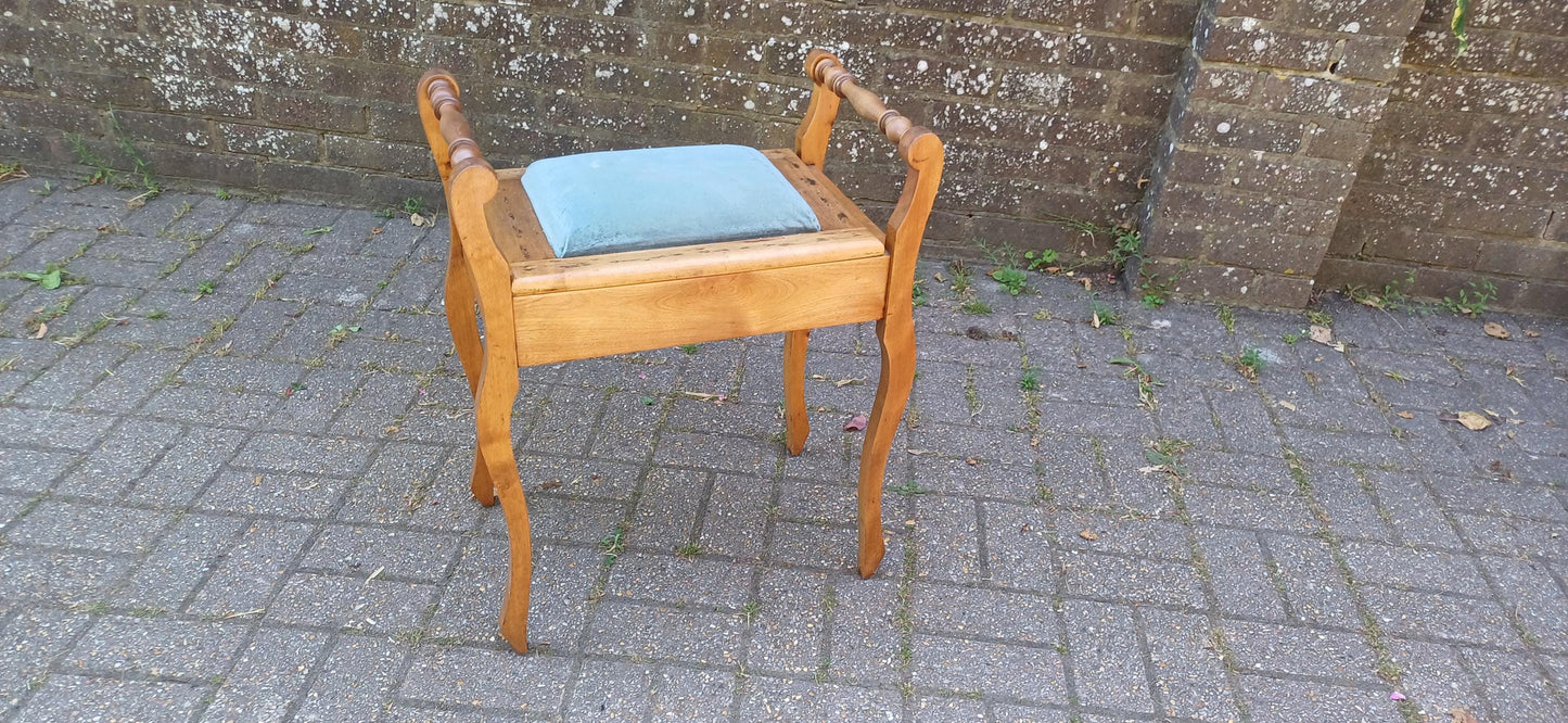 Vintage Mahogany Upholstered Piano Stool Dressing Table Stool Blue Suede Seat Storage Antique Hall Seat Hand Stripped Unique Vanity Seating