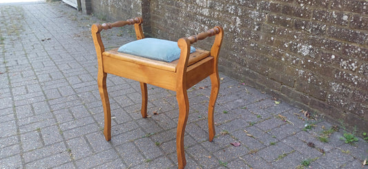 Vintage Mahogany Upholstered Piano Stool Dressing Table Stool Blue Suede Seat Storage Antique Hall Seat Hand Stripped Unique Vanity Seating