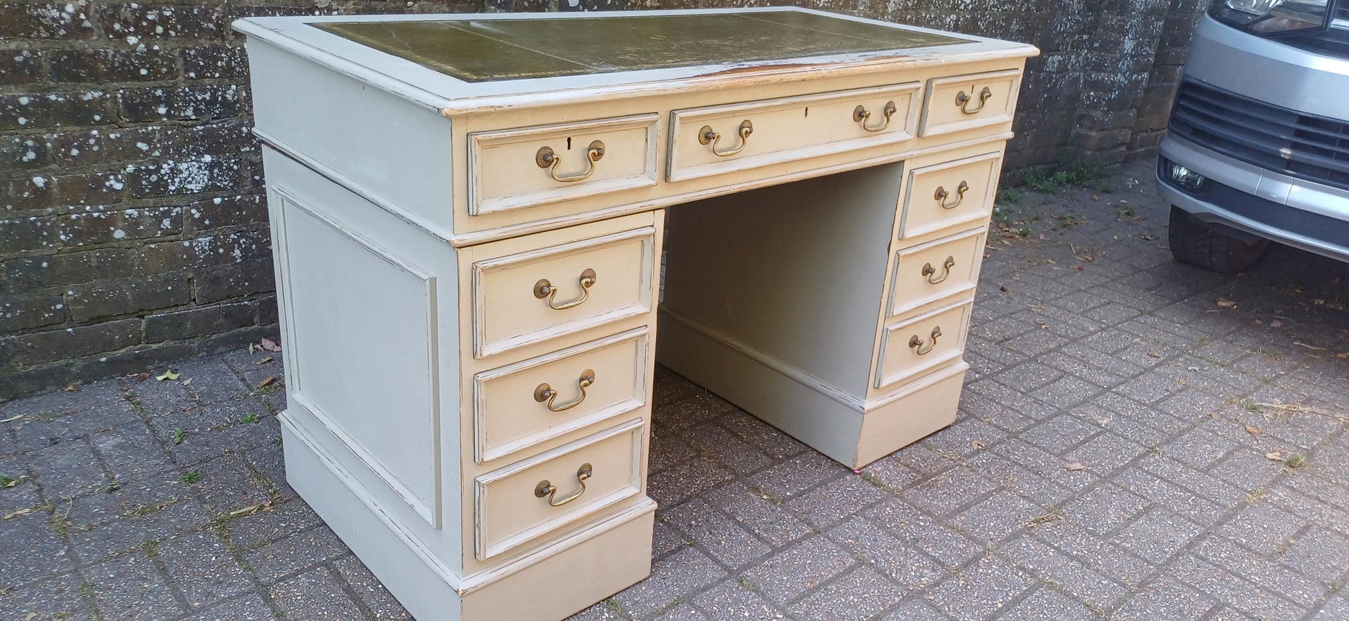Vintage Painted Pedestal Desk with Green Leather Top Shabby Chic Distressed Home Office Furniture 9 Drawer Antique Style FREE HAND Delivery