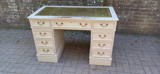 Vintage Painted Pedestal Desk with Green Leather Top Shabby Chic Distressed Home Office Furniture 9 Drawer Antique Style FREE HAND Delivery