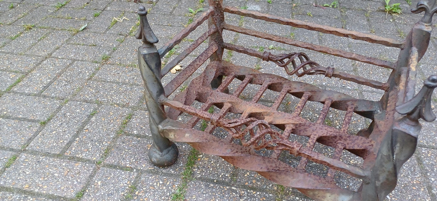 Antique Wrought Iron Fire Grate Gothic Fireplace Heavy Twisted Scrollwork Log Basket Salvage Hearth Piece with Patina FREE HAND Delivery
