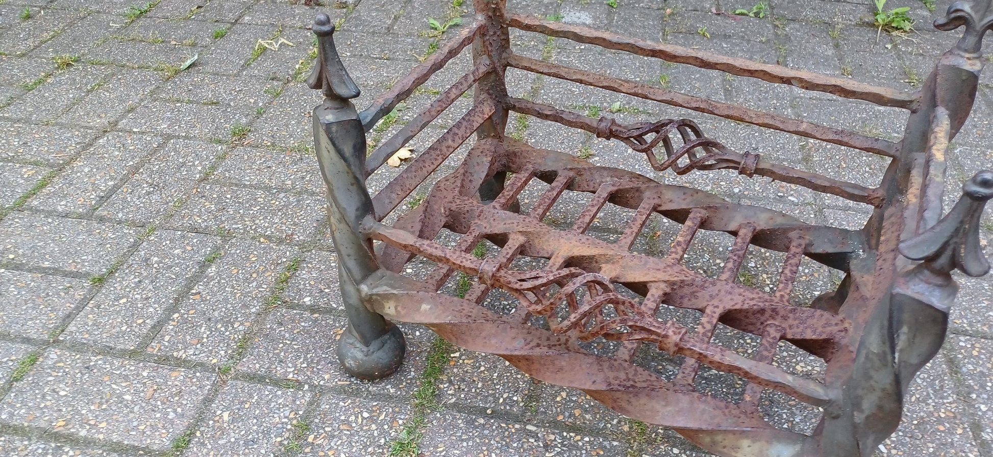 Antique Wrought Iron Fire Grate Gothic Fireplace Heavy Twisted Scrollwork Log Basket Salvage Hearth Piece with Patina FREE HAND Delivery