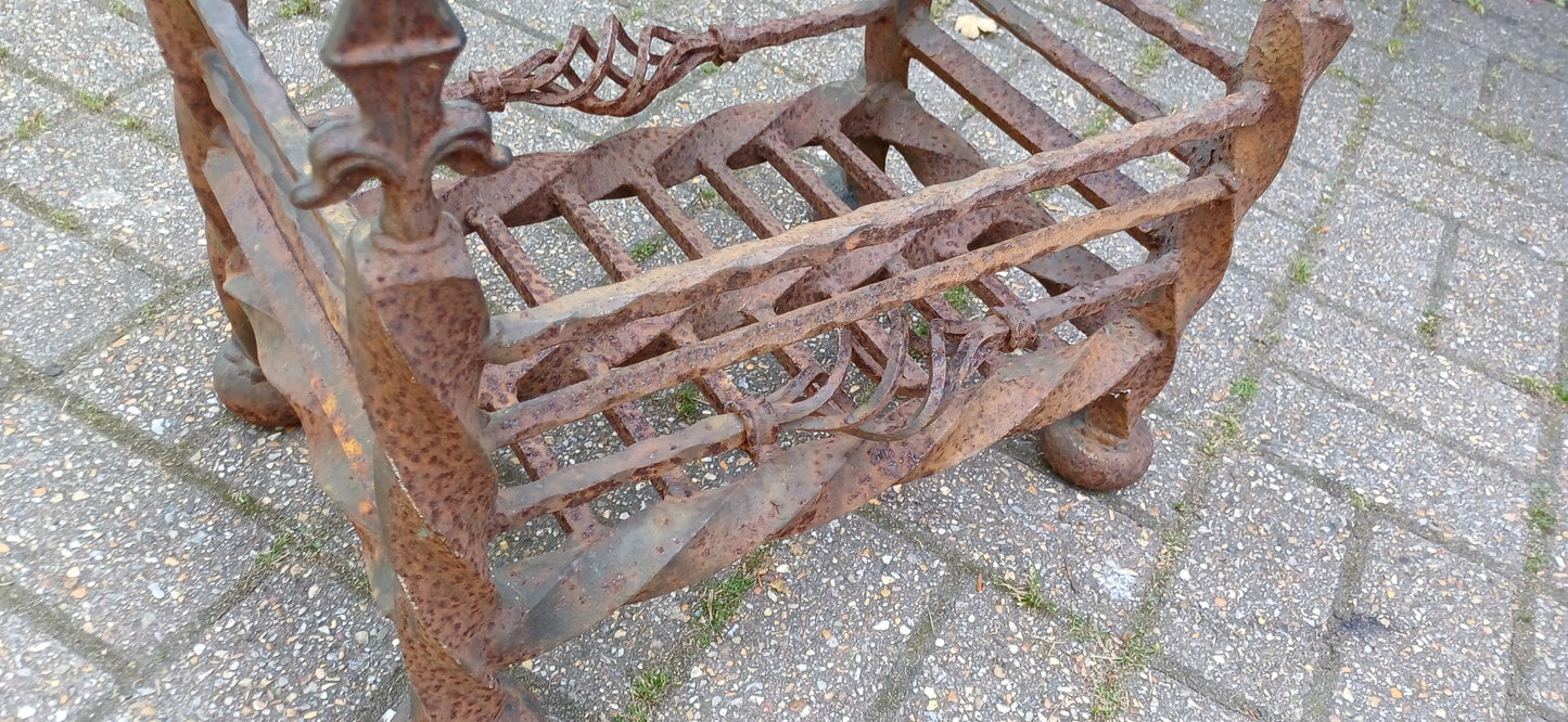 Antique Wrought Iron Fire Grate Gothic Fireplace Heavy Twisted Scrollwork Log Basket Salvage Hearth Piece with Patina FREE HAND Delivery