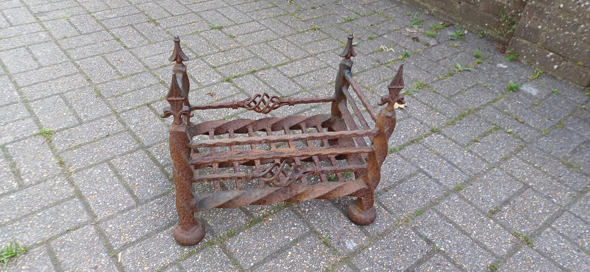 Antique Wrought Iron Fire Grate Gothic Fireplace Heavy Twisted Scrollwork Log Basket Salvage Hearth Piece with Patina FREE HAND Delivery