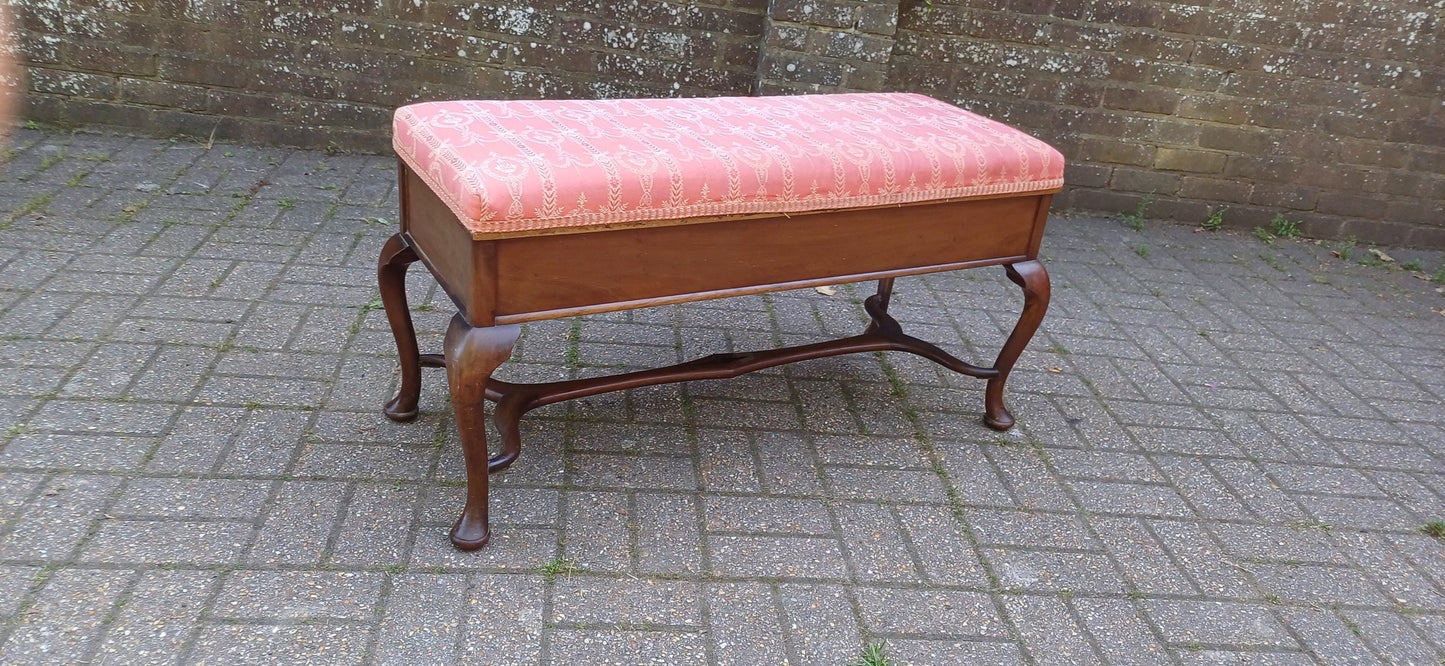 Vintage Queen Anne Style Mahogany Dual Piano Stool Storage Bench | Upholstered Seat in Rose Pink| Blanket Box Ottoman FREE HAND Delivery