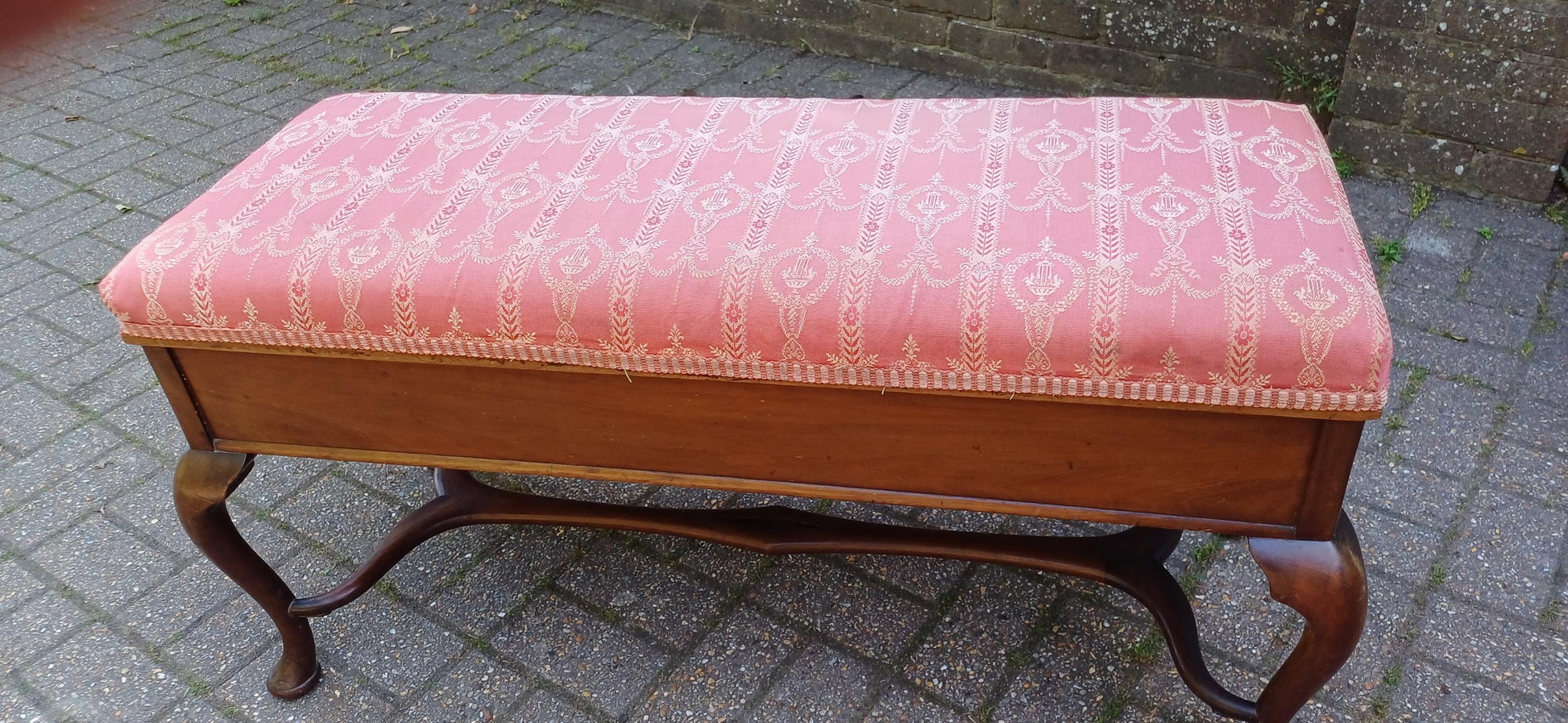 Vintage Queen Anne Style Mahogany Dual Piano Stool Storage Bench | Upholstered Seat in Rose Pink| Blanket Box Ottoman FREE HAND Delivery