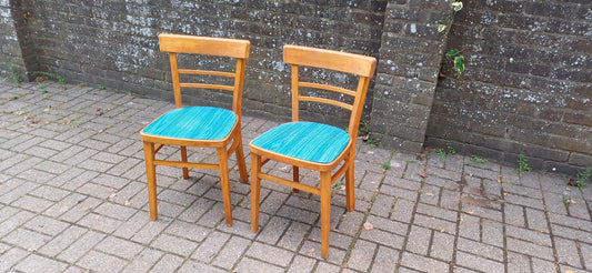 Pair of Vintage Retro Kitchen Chairs Classic 50s or 60s Utility Style Quirky Blue Seats Kitchen Dining Room Solid Beech