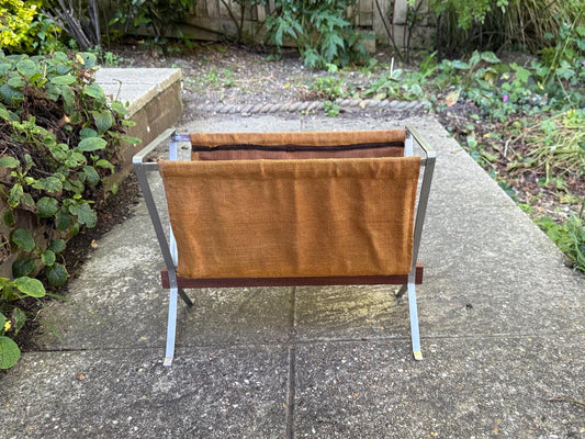 modernist british design magazine rack. chrome and canvas metal magazine rack made by durlston designs. 1960s retro storage basket. mid century modern british design.