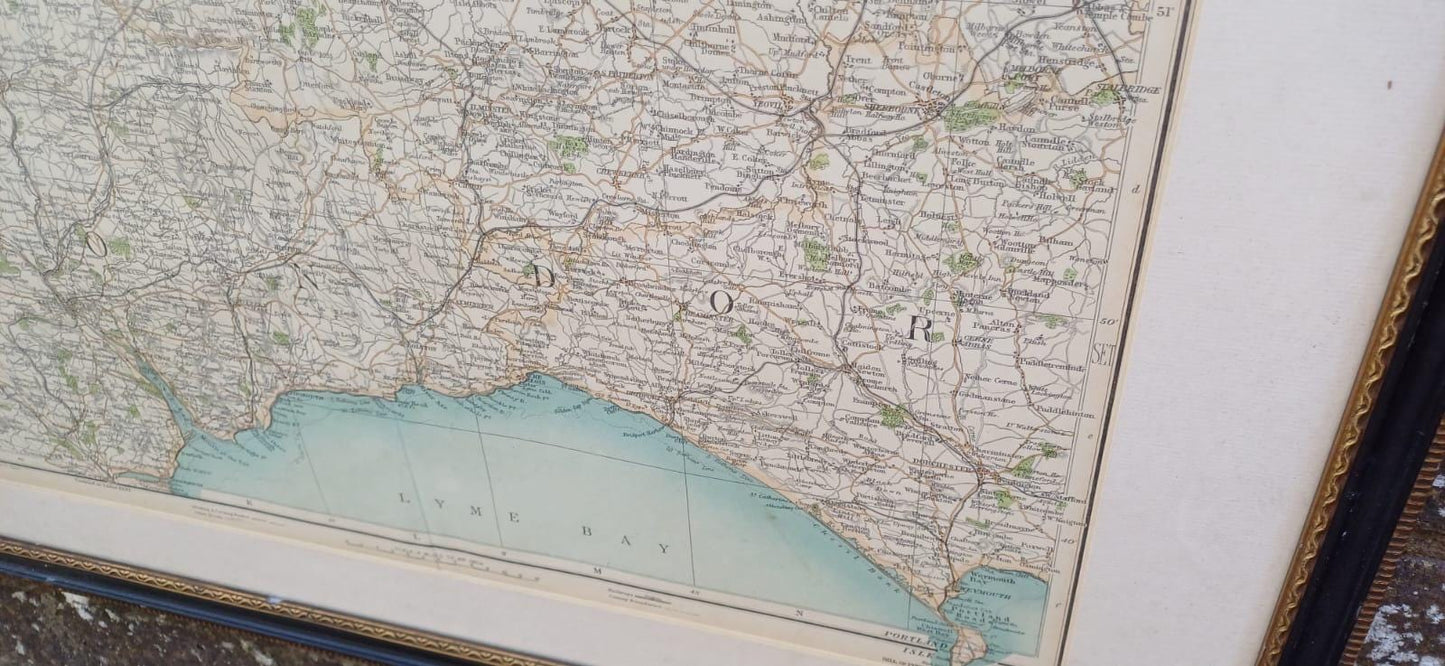 Antique Vintage Framed 1900s Map of South West England – Dorset Devon Lyme Bay – Original Antique Geographical Wall Art, UK Counties Map