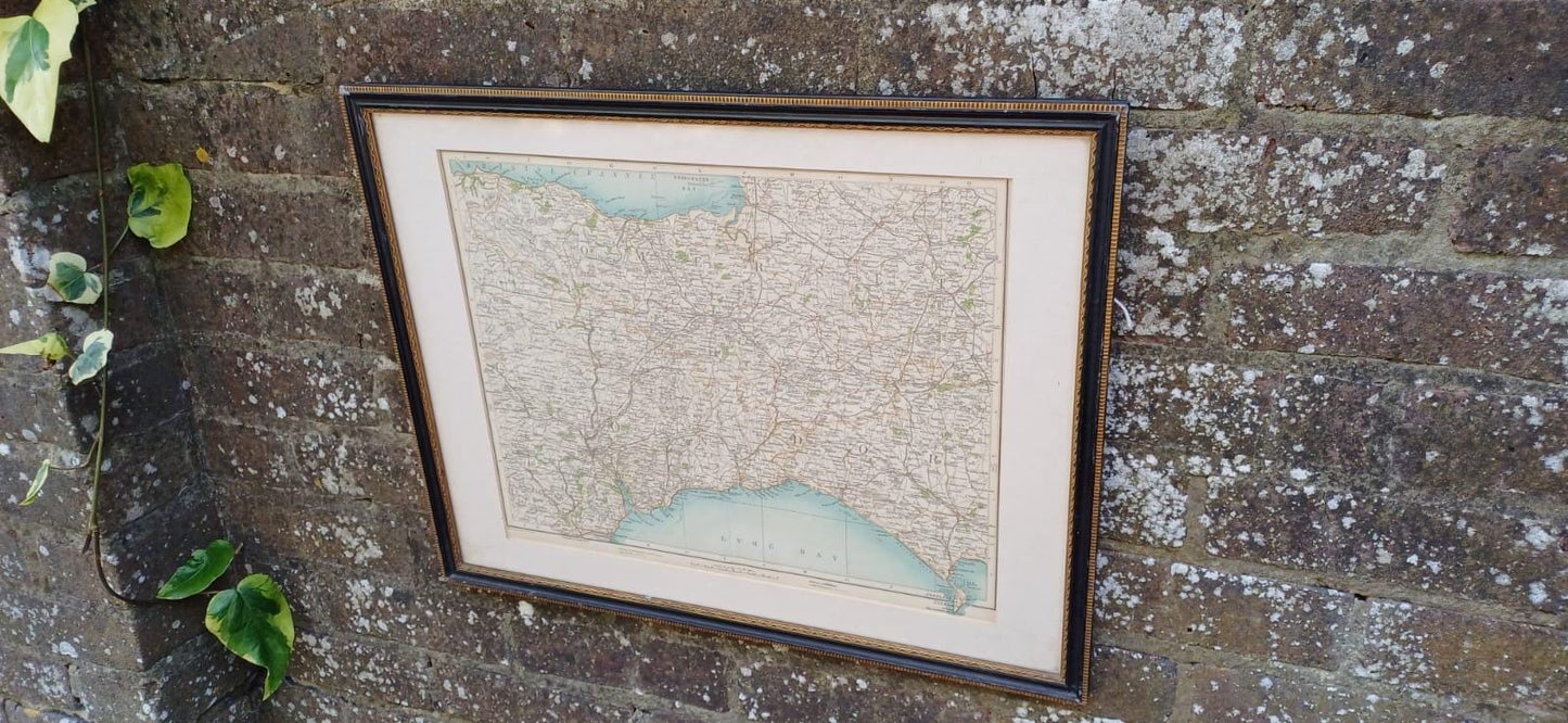 Antique Vintage Framed 1900s Map of South West England – Dorset Devon Lyme Bay – Original Antique Geographical Wall Art, UK Counties Map