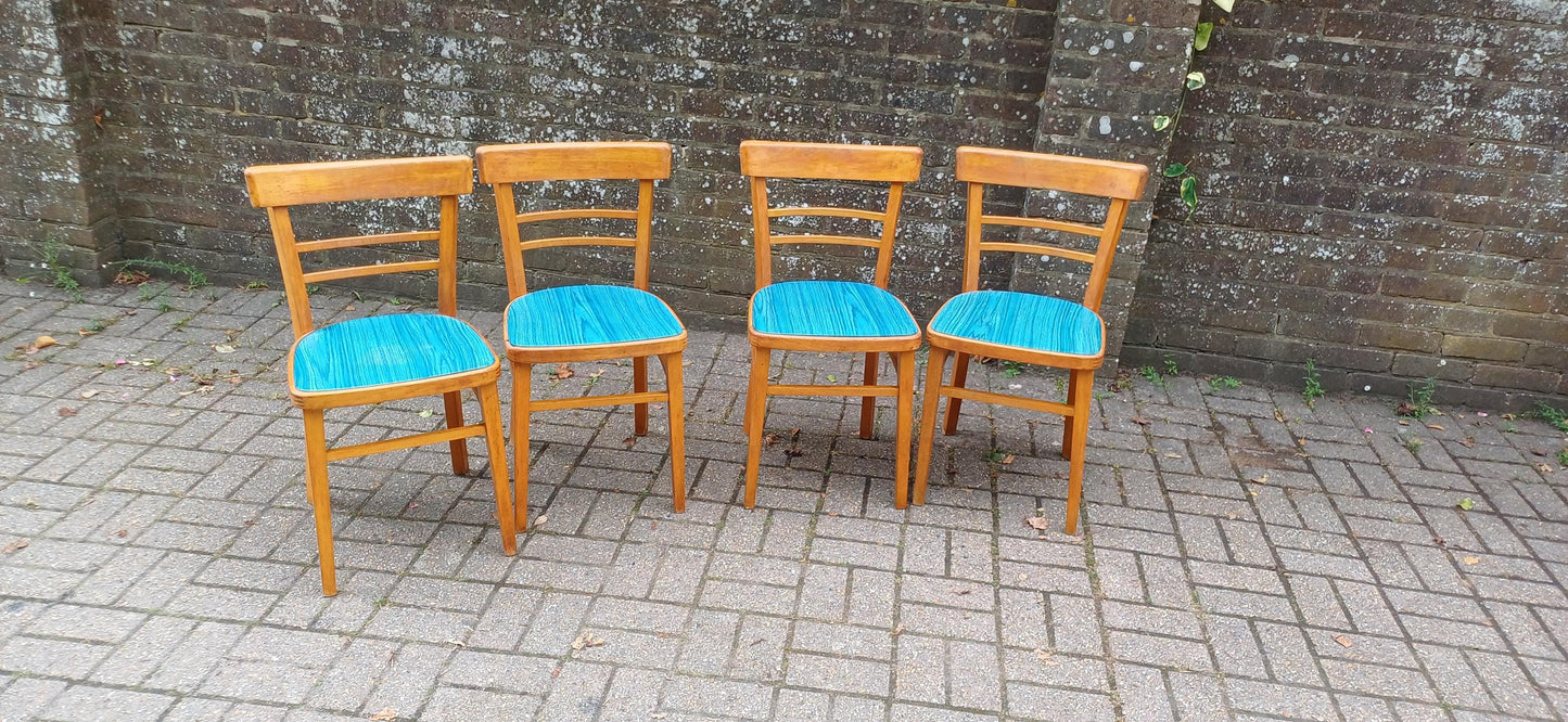Vintage Retro Set of 4 Kitchen Chairs Classic 50s or 60s Utility Style Quirky Blue Seats Kitchen Dining Room Solid Beech FREE HAND Delivery