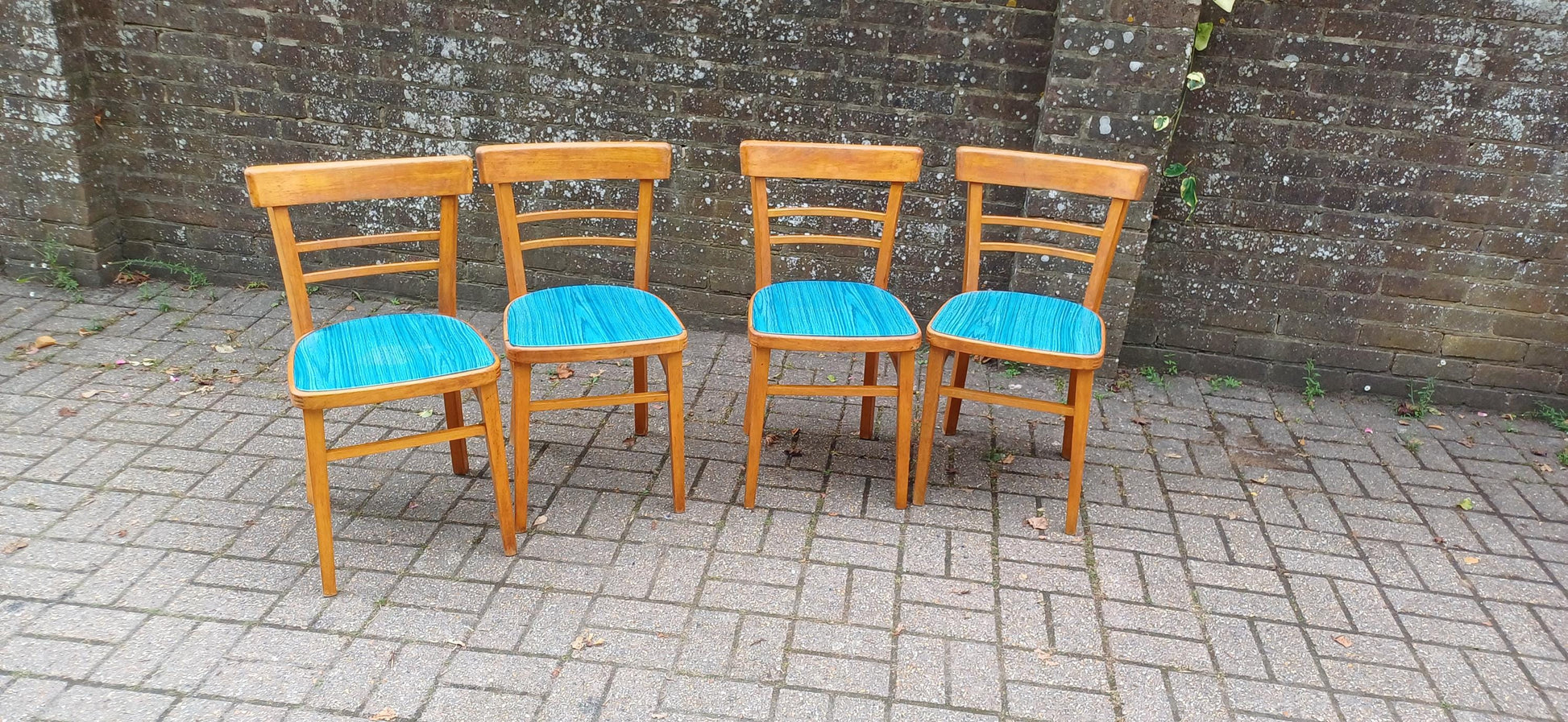 Vintage Retro Set of 4 Kitchen Chairs Classic 50s or 60s Utility Style Quirky Blue Seats Kitchen Dining Room Solid Beech FREE HAND Delivery