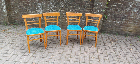 Vintage Retro Set of 4 Kitchen Chairs Classic 50s or 60s Utility Style Quirky Blue Seats Kitchen Dining Room Solid Beech FREE HAND Delivery
