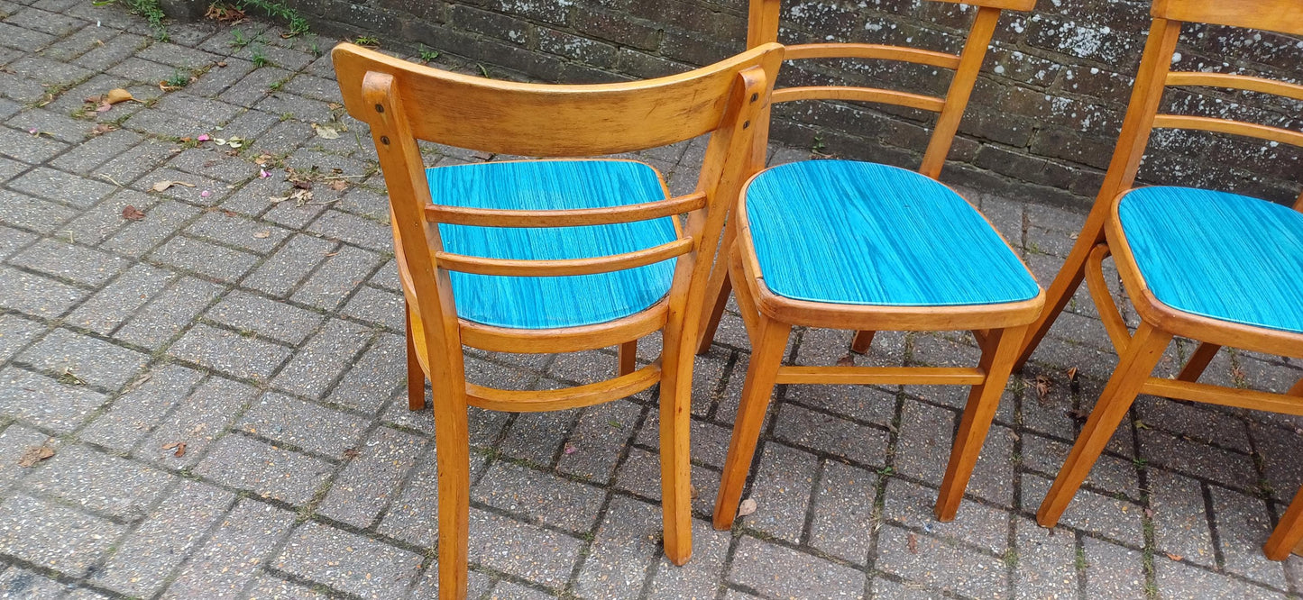 Vintage Retro Set of 4 Kitchen Chairs Classic 50s or 60s Utility Style Quirky Blue Seats Kitchen Dining Room Solid Beech FREE HAND Delivery