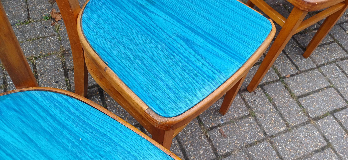Vintage Retro Set of 4 Kitchen Chairs Classic 50s or 60s Utility Style Quirky Blue Seats Kitchen Dining Room Solid Beech FREE HAND Delivery