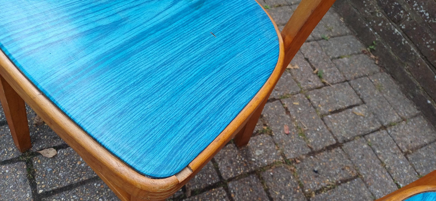 Vintage Retro Set of 4 Kitchen Chairs Classic 50s or 60s Utility Style Quirky Blue Seats Kitchen Dining Room Solid Beech FREE HAND Delivery