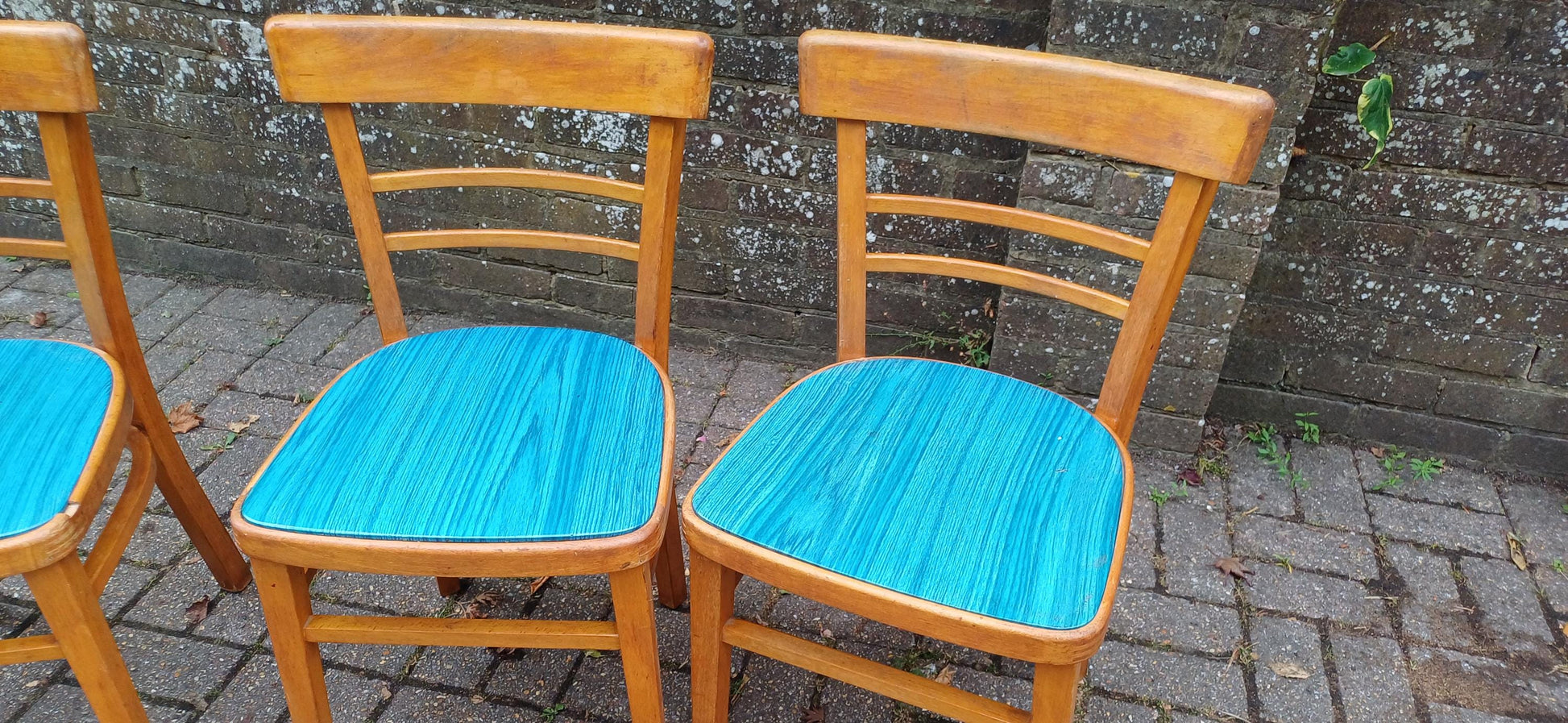 Vintage Retro Set of 4 Kitchen Chairs Classic 50s or 60s Utility Style Quirky Blue Seats Kitchen Dining Room Solid Beech FREE HAND Delivery