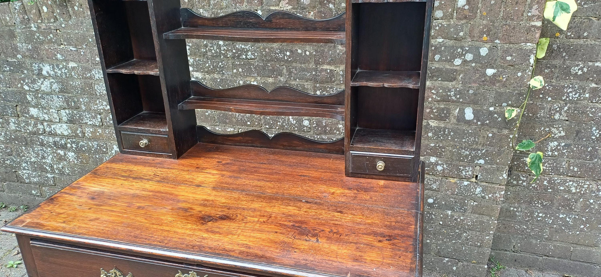 Antique Georgian Style Oak Welsh Dresser Base and Rack – Dark Stained Sideboard with Drawers and Open Shelves c.1920s Jacobean Revival