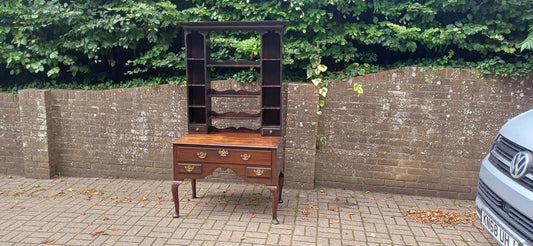 Antique Georgian Style Oak Welsh Dresser Base and Rack – Dark Stained Sideboard with Drawers and Open Shelves c.1920s Jacobean Revival