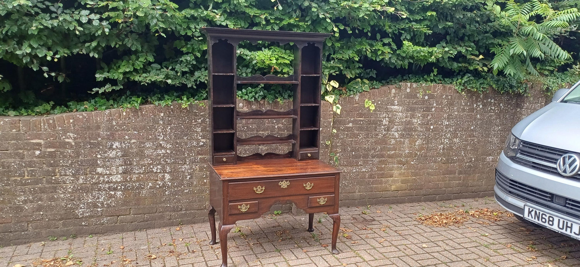 Antique Georgian Style Oak Welsh Dresser Base and Rack – Dark Stained Sideboard with Drawers and Open Shelves c.1920s Jacobean Revival